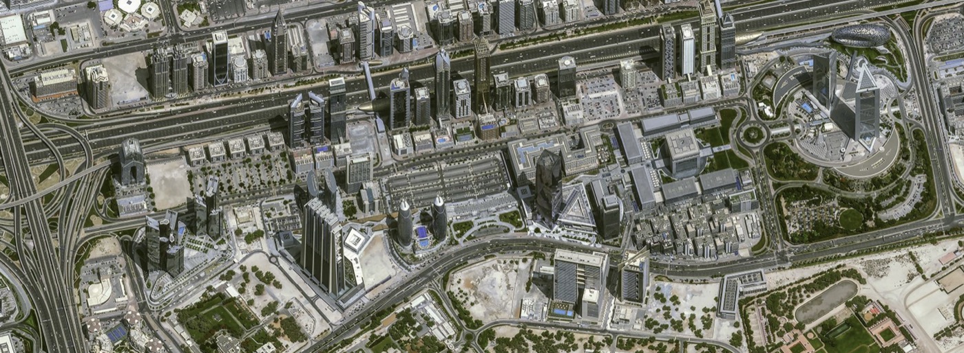Aerial view of the Dubai International Financial Centre captured from satellite.